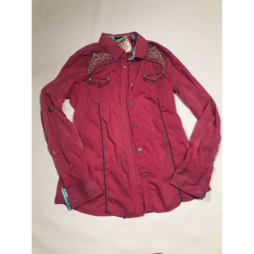 Roar Western Embroidered Cowgirl Button Up Shirt Pink Rodeo Medium